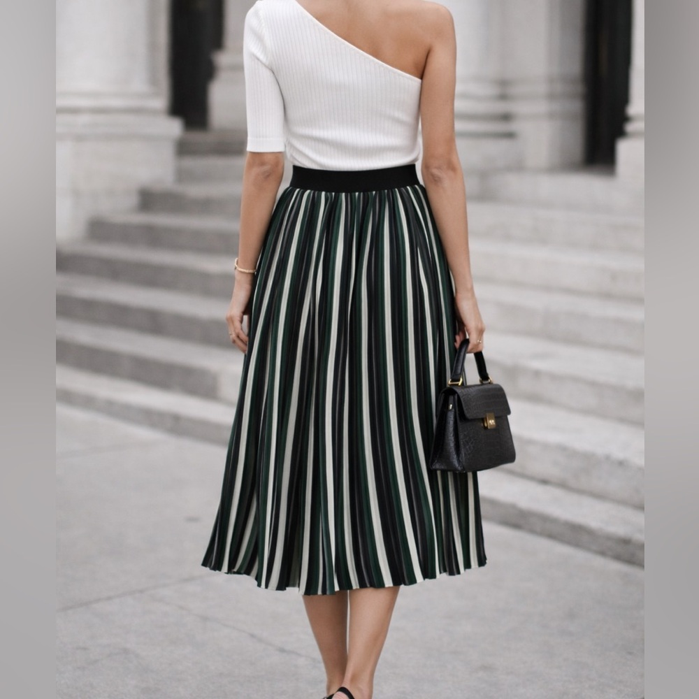 Zara Pleated Midi Skirt Black Green Striped High Waist Chic - Picture 2 of 7